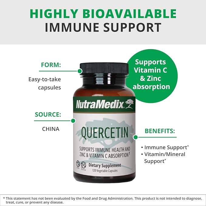 NutraMedix Quercetin - Quercetin 500mg Capsules - Antioxidant &amp Immune Support Supplement for Heart Health - Aids in Zinc &amp Vitamin C Absorption (120 Vegetarian Capsules)