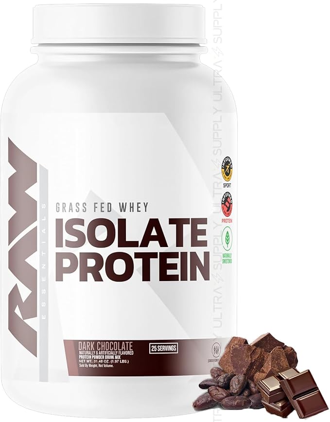 RAW 25g Grass-Fed Whey Isolate Protein Powder Dark Chocolate Flavor 25 Servings