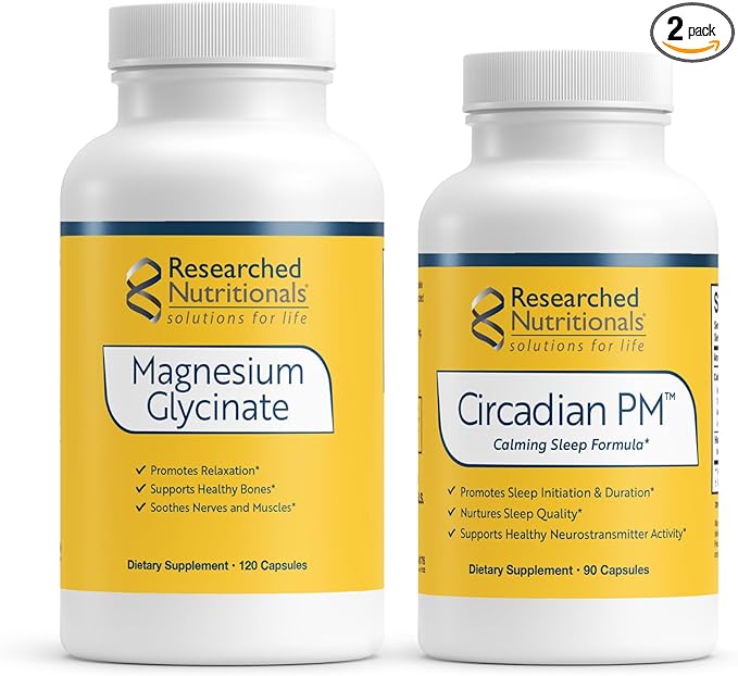 Researched Nutritionals Nighttime Support with Circadian PM and Magnesium Glycinate - 2 Product Bundle with Melatonin Valerian 5-HTP GABA and a Magnesium Supplement