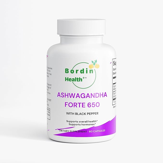 Bordin Health+ Ashwagandha Forte 650 with Black Pepper Organic Dietary Supplement for Stress &amp Mood 60 Vegan Capsules Supports Overall Health and Hormones