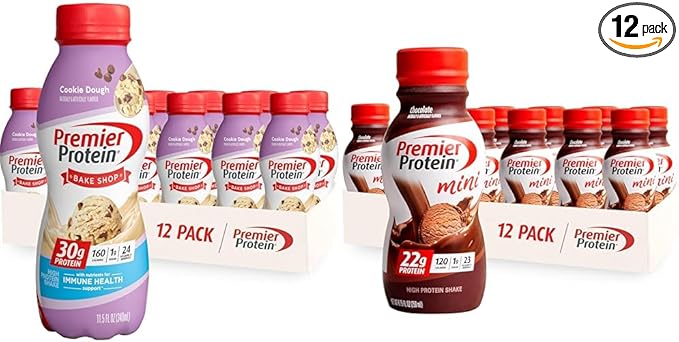 Premier Protein Shake Cookie Dough 12 Pack 30g Protein 1g Sugar + Chocolate Protein Shake MINIs Pack of 12 22g Protein 1g Sugar