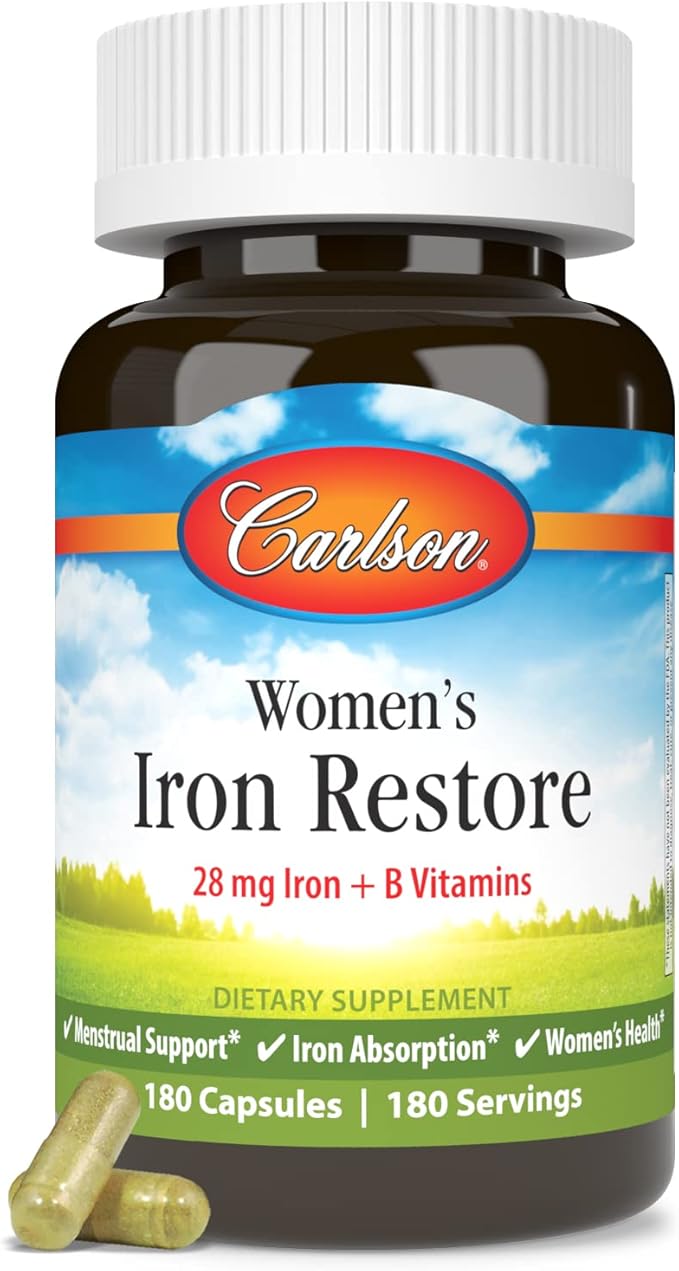 Carlson - Women's Iron Restore 28 mg Iron + B Vitamins Menstrual Support Iron Absorption &amp Women's Health 180 Capsules