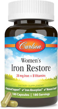 Carlson - Women's Iron Restore 28 mg Iron + B Vitamins Menstrual Support Iron Absorption &amp Women's Health 180 Capsules