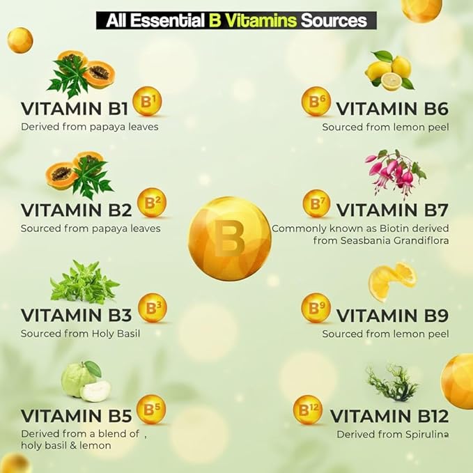 Plant Based Vitamin B-Complex - All essentail B Vitamins in One | Hair Growth Boosts Energy &amp Immunity - 60 Veg Capsules