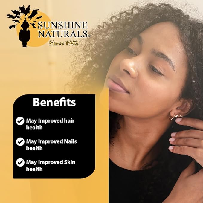 Sunshine Naturals Biotin Dietary Supplement. Supports Healthier Skin Thicker Stronger and Faster Hair and Nail Growth. Enriched with Collagen Vitamin A and B for Hair Loss. 5000 mcg. 90 Capsules.