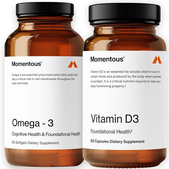 Momentous Omega-3 Fish Oil 1600 mg &amp Vitamin D3 Supplement - Daily Omega-3 Supplement for EPA &amp DHA &amp 5000 IU Capsules to Support Foundational &amp Joint Health - NSF Certified GMO-Fre