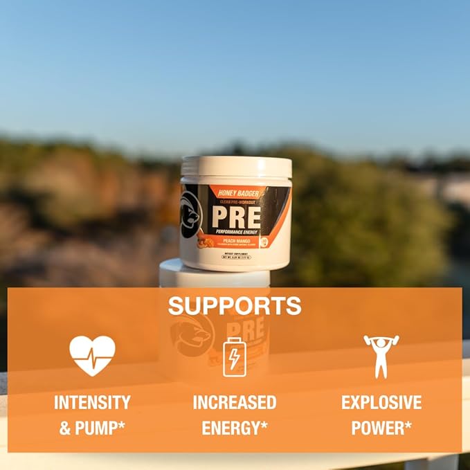 Honey Badger Pre Workout Powder Keto Vegan Preworkout for Men &amp Women Beta Alanine &amp Caffeine Sugar Free Natural Energy Supplement Peach Mango 30 Servings