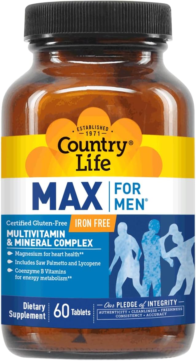 Country Life Max for Men Multivitamin &amp Mineral complex Iron-Free Vegetarian Tablets 60 Count Certified Gluten Free Certified Vegetarian