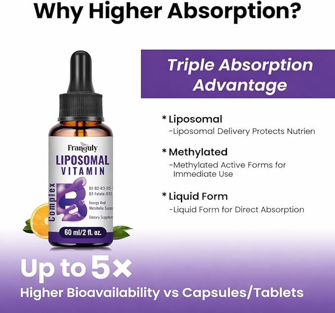 Liposomal Vitamin B Complex Liquid Sublingual B Complex Vitamins Supplement for Women Men Improved Absorption Methylated B12B1 B2 B3 B5 B6FolateBiotin for Energy And Immune Support-4.0 oz