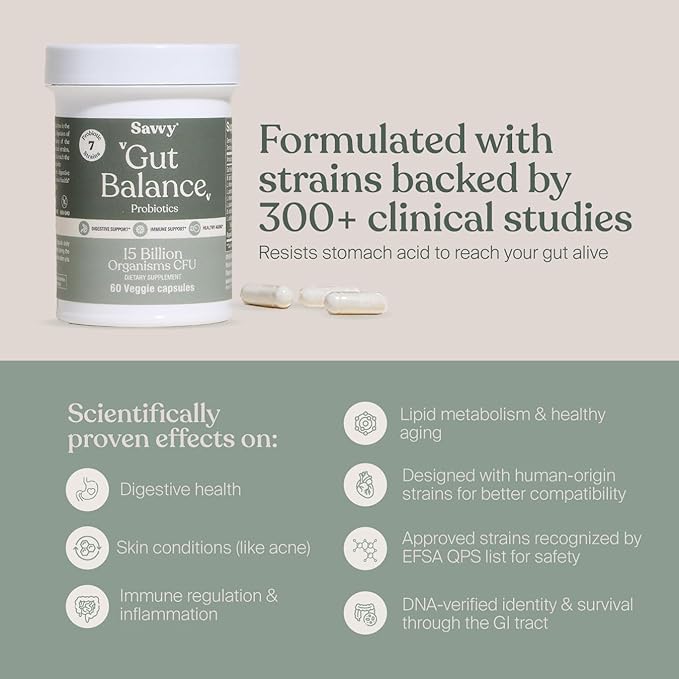 SAVVY Gut Balance Probiotics for Women &amp Men 15 Billion CFU 7 Clinically Studied Strains Digestive Health Immune Support Bloating Relief 60 Vegan Capsules Non GMO Sugar-Free