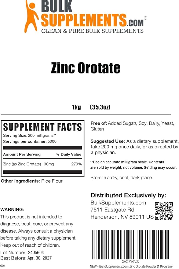 BulkSupplements.com Zinc Orotate Powder - Zinc Minerals Supplement for Immune Support - Gluten Free 200mg per Serving 1kg (2.2 lbs) (Pack of 1)
