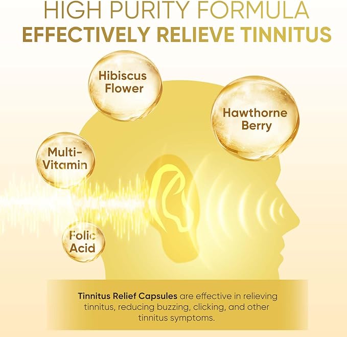 1200MG Tinnitus Relief for Ringing Ears - Advanced Ear Health Support Supplement with Hibiscus &amp Hawthorn Berry - Soothing Comfort for Ear Noise - Non-GMO &amp Vegan - 120 Capsules