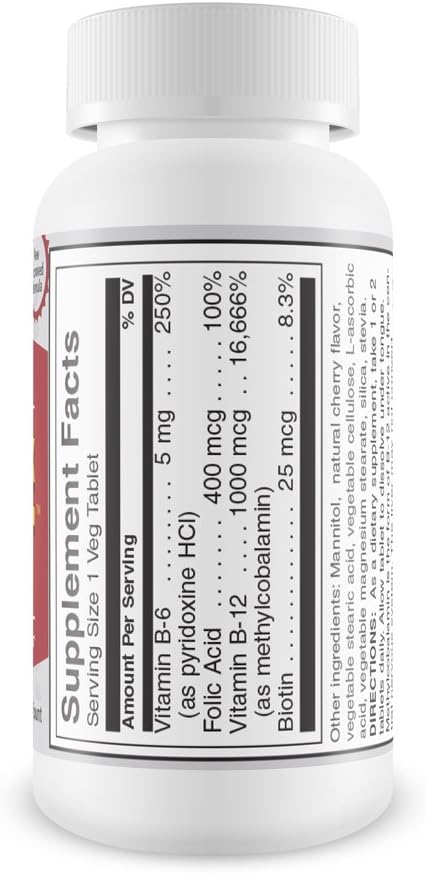 Vitamin B12 Sublingual B Complex Energy Pill B12 Methylcobalamin B6 Biotin &amp Folic Acid Natural Energy Supports Metabolism Heart Health &amp Stress Great Tasting Cherry Flavor! 100% Caffeine Free