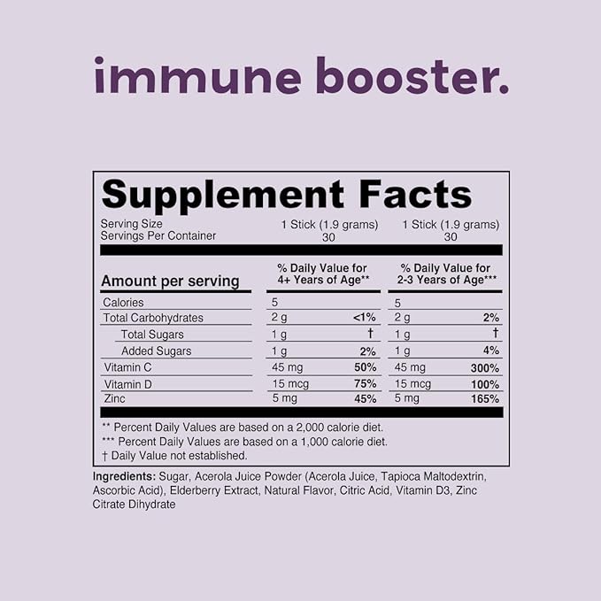 Kids Immune Booster with Elderberry Acerola Cherry Zinc Vitamins C &amp D - Straight-to-Mouth Powder - 30 Servings - 2 Flavors