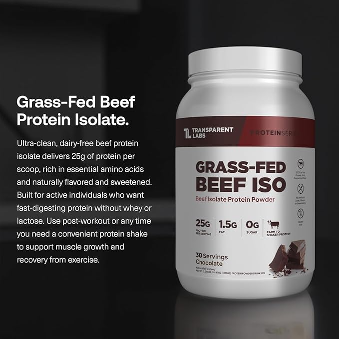 Transparent Labs Grass-Fed Beef Isolate Protein Powder – Naturally Flavored Dairy-Free Protein with 25g of Protein per Serving for Increased Recovery &amp Strength - 30 Servings Chocolate