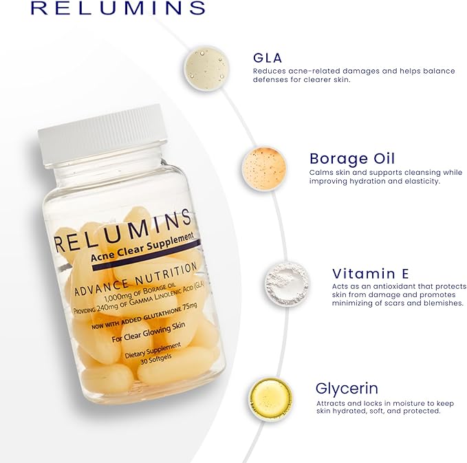Relumins Natural Acne Softgel Spring Glow Essential – 300mg Borage Oil with GLA – Plant-Based Supplement to Support Clear Balanced Skin Smooth Texture Hydration and Daily Wellness