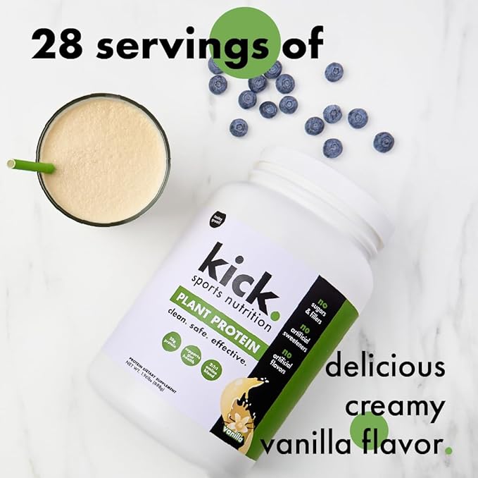 Kick Plant Protein Powder Vanilla Flavor 20 G Protein Gluten Free Workout Supplement with Aminos Acids to Support Fitness Goals &amp Gut Health No Sugar No Artificial Flavors 28 Servings