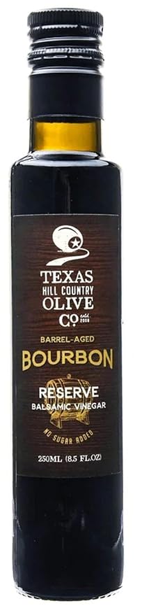 Bourbon Reserve Balsamic Vinegar - Gourmet Barrel Aged Infused Balsamic Vinegar - Great for Dressing Dipping Glazing - No Artificial Flavors or Added Sugar - Made in Texas (8.5 oz)
