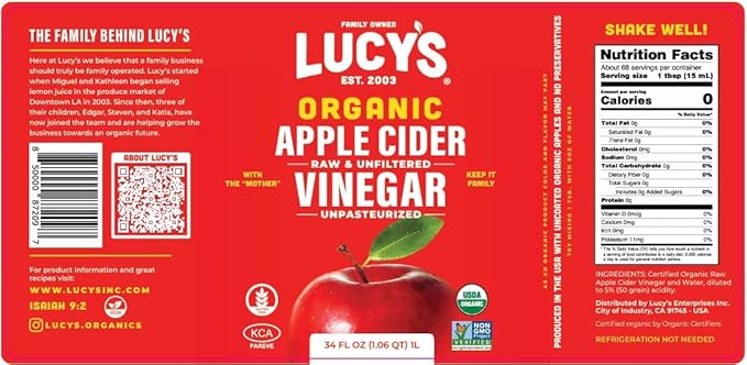 Lucy's Family Owned - 34oz. GLASS BOTTLE (2 PACK) Organic With the Mother Apple Cider Vinegar Unfiltered Unpasteurized Raw and NonGMO