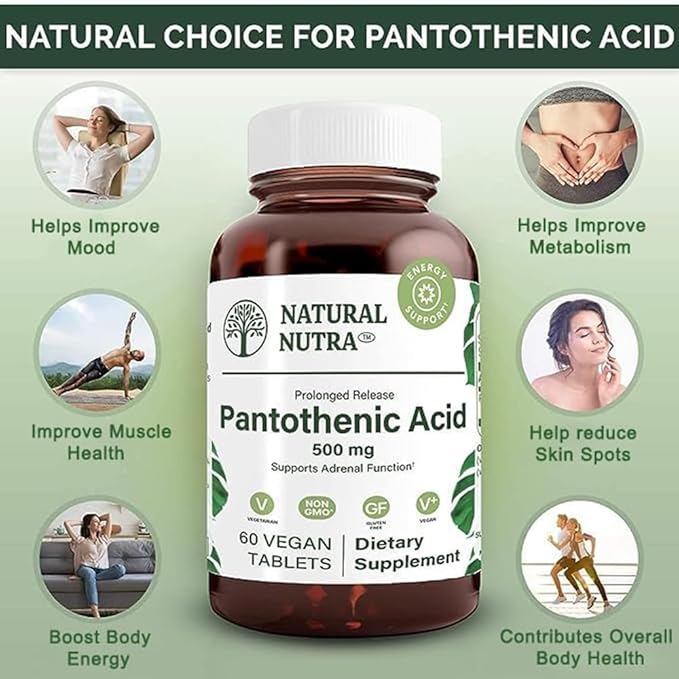 Natural Nutra Time Release Pantothenic Acid 500 mg Vitamin B5 Supplement Helps Break Down Fat and Carbohydrates Metabolism and Energy Improve Muscle Health Reduce Skin Spots 60 Vegetarian Tablets