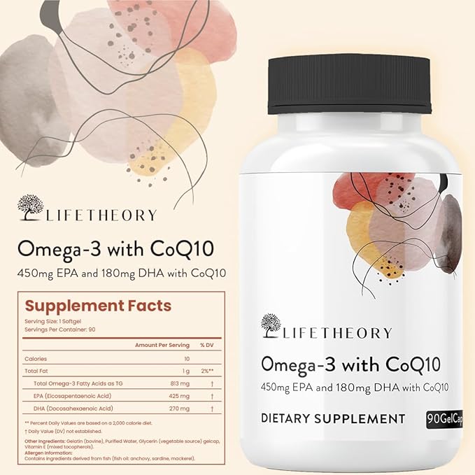LIFETHEORY Omega-3 with CoQ10 | 450mg EPA &amp 180mg DHA per Serving | Fish Oil Dietary Supplement | with Coenzyme Q10 | 90 Softgels