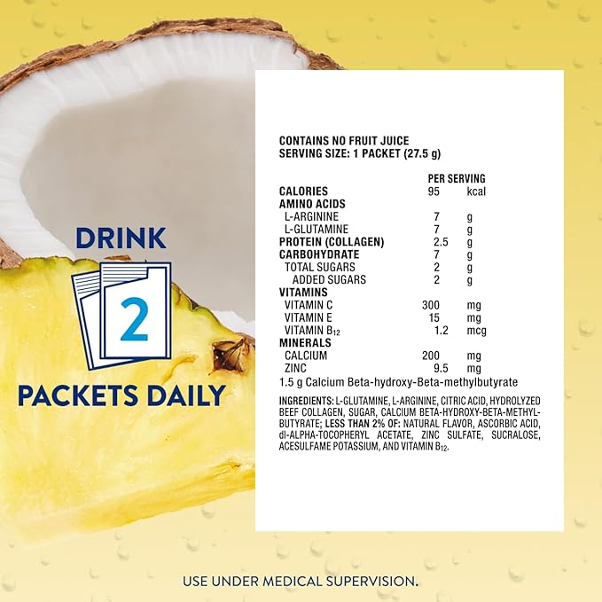 Juven Therapeutic Nutrition Drink Powder Including Collagen Peptides Amino Acids and HMB for Wound Healing Support Pineapple Coconut 14 Packets