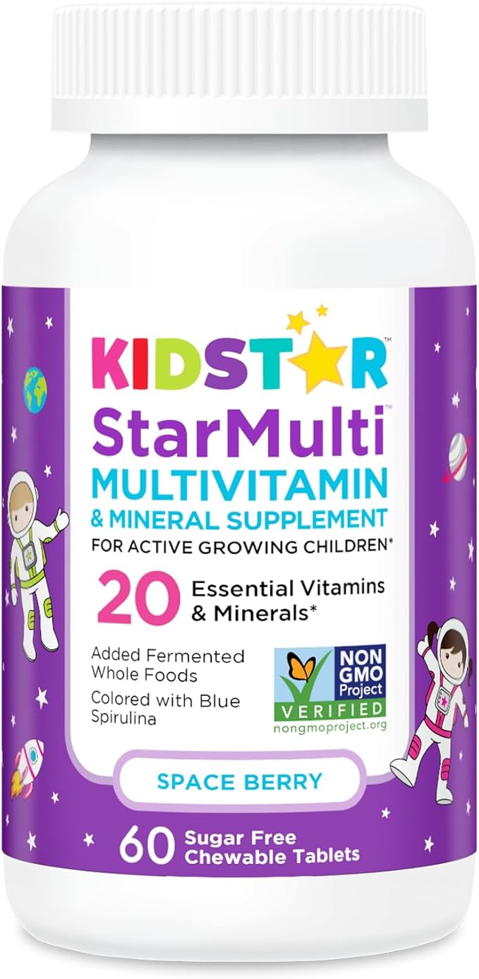 KidStar Nutrients StarMulti Chewable Multivitamin and Multimineral Tablets for Kids Plus Organic Fermented Whole Foods Vegan Sugar Free Space Berry 60 Chewable Tablets