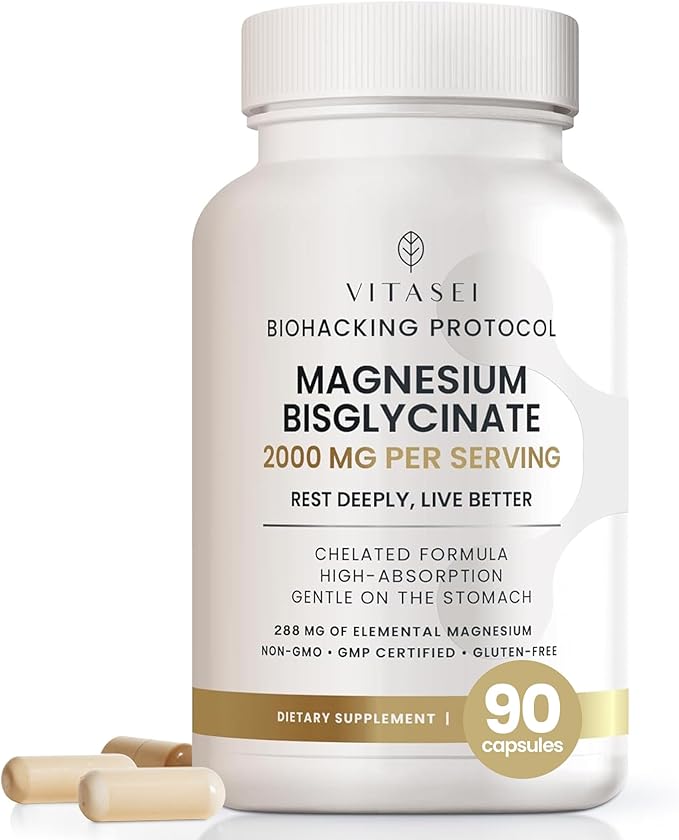 Vitasei Magnesium Bisglycinate – High Absorption Chelated Formula – 2000 mg per Serving (288 mg Elemental Magnesium) for Relaxation Sleep &amp Muscle Recovery – Gentle on Stomach – 90 Capsules