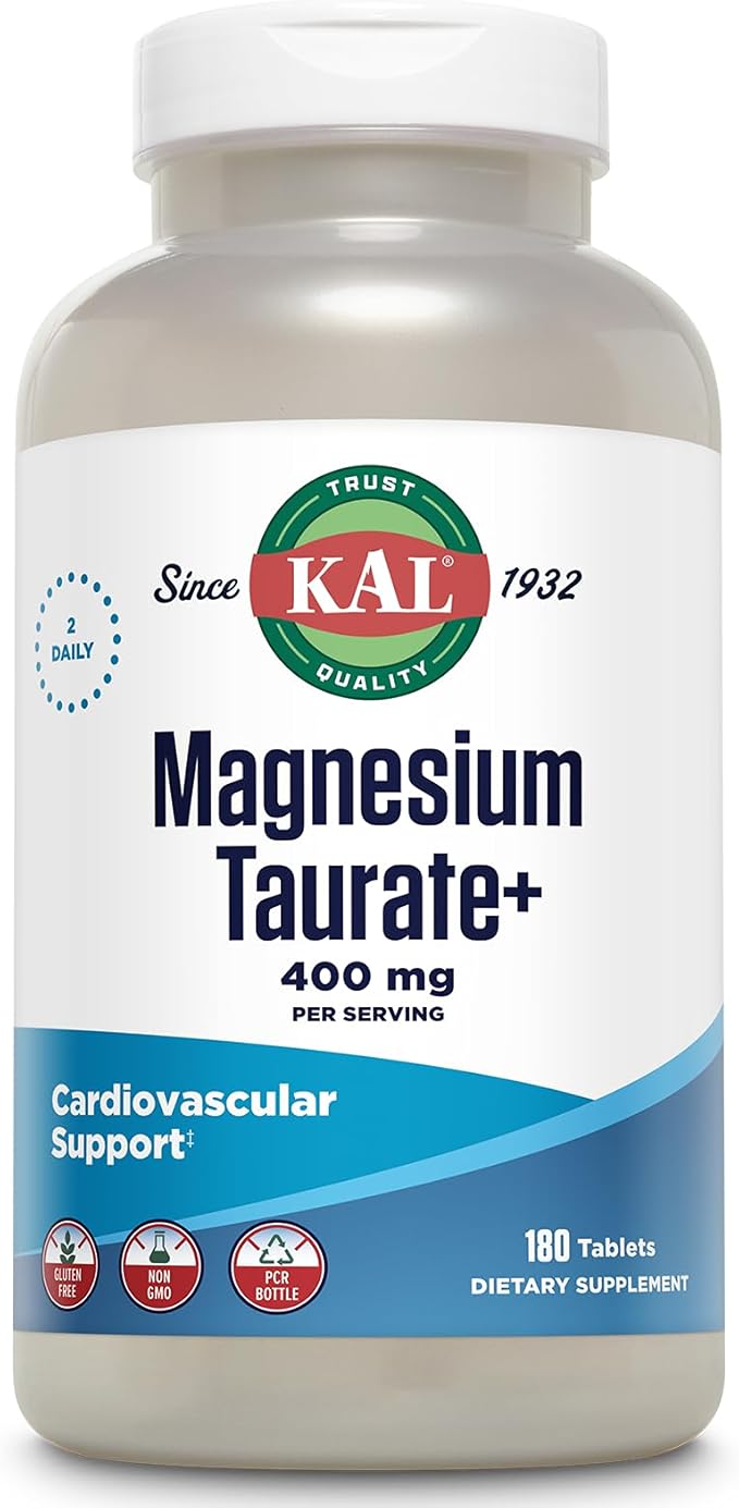 KAL Magnesium Taurate 400mg Plus CoEnzyme Vitamin B6 Chelated Magnesium Supplement Muscle Function Gluten Free Vegan 90 Serv 180 Tablets