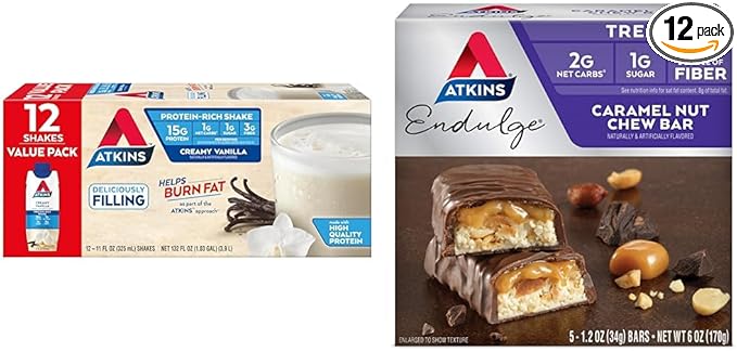 Atkins Creamy Vanilla Protein Shake 15g Protein 12 Count and Caramel Nut Chew Bar Dessert Favorite 5 Count Bundle