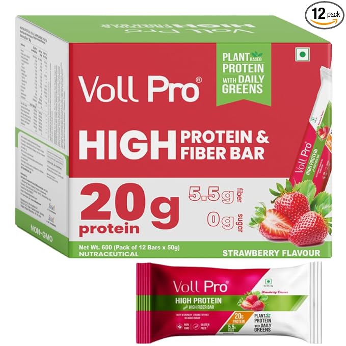 Voll Pro Plant Protein Bar with Daily Greens - High Protein 20g Fiber 5.5g 0g Sugar - Strawberry Flavour- Non-GMO- Gluten &amp Trans Fat Free-Crunchy Delicious Nutrient-Rich Protein Bars(50g X 12