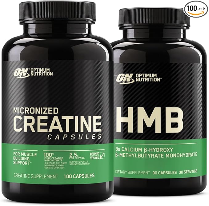Optimum Nutrition Unflavored Creatine Monohydrate 100 Capsules Bundled with Optimum Nutirtion HMB 90 Capsules