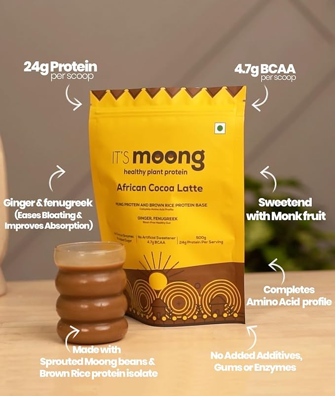 It's Moong Mung Bean &amp Brown Rice Isolate Protein | 24gms per Serve 4.7gms BCAA| African Cocoa Latte | 500gms | Sprouted Plant Protein | Easy on The Gut Easy Digestibility