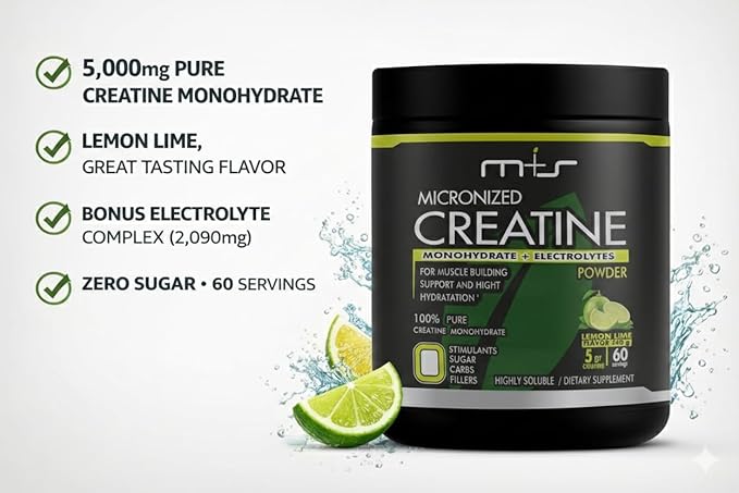 M+S Micronized Creatine Monohydrate Powder with Electrolytes – 5g Creatine per Serving Lemon Lime Flavor – Highly Soluble Creatine Powder for Hydration Support – Sugar Free 60 Servings