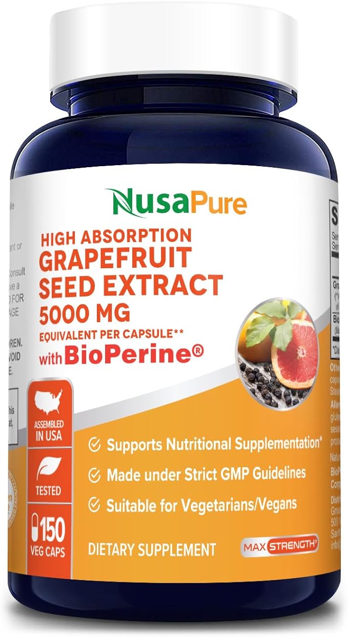 NusaPure Grapefruit Extract 5000 mg per Capsule (Extract 10:1) Bioperine 150 Veggie caps (Gluten Free &amp Non-GMO)
