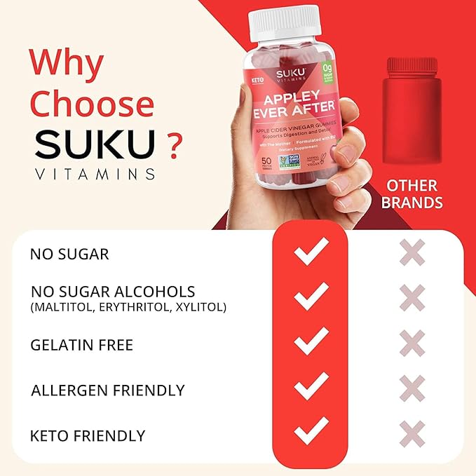 SUKU Appley Ever After Gummies – Apple Cider Vinegar with Methylated B12 &amp Folate – Sugar-Free Gluten-Free Vegan Detox &amp Energy Support – Amazing Apple Flavor – 50 Count