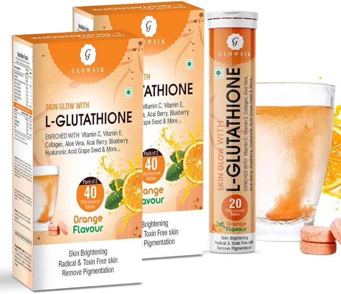 Glowsik Glutathione Effervescent Tablets for Skin Health 600mg Glutathione Reduced with Vitamin C for Lightening Antioxidants Supplements for Glowing Skin Health Orange Flavour (4 Orange)