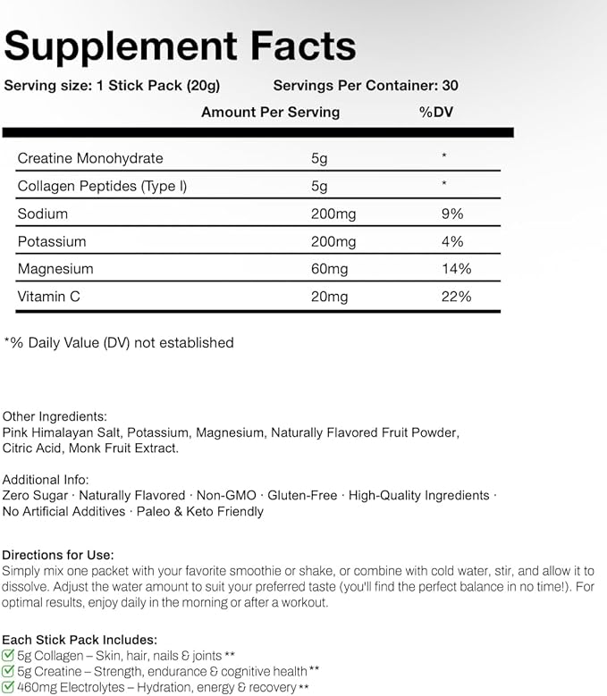 DAILY TRIFECTA 3-in-1 Collagen Creatine &amp Electrolyte Stick Packs | Type I Collagen Creatine Monohydrate Zero Sugar | 30 Natural Single-Serve Packets | Strength Hydration &amp Recovery (Pinea