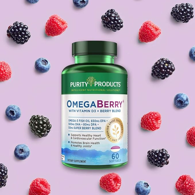 Purity Products OmegaBerry Fish Oil with Vitamin D3 and Organic Acai - 1250mg Concentrated Molecularly Distilled Ultra Pure Omega-3 Fish Oil 500mg DHA + 650mg EPA - 60 Soft Gels - 30 Day Supply from