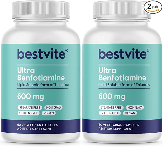 BESTVITE Ultra Benfotiamine 600mg per Capsule (120 Vegetarian Capsules) (60x2) No Stearates - No Silicon Dioxide - Vegan - Non GMO - Gluten Free - Maximum Strength Benfotiamine