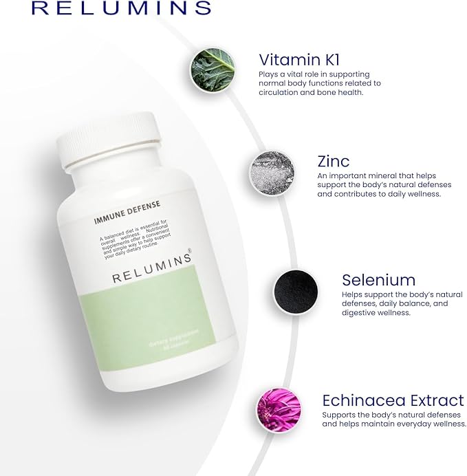 Relumins Immune Boost &amp Immune Defense Supplement Set – Daily Capsules with Vitamins C D3 K1 Zinc Selenium Lactoferrin Echinacea &amp Bioflavonoids for Complete Immune Support