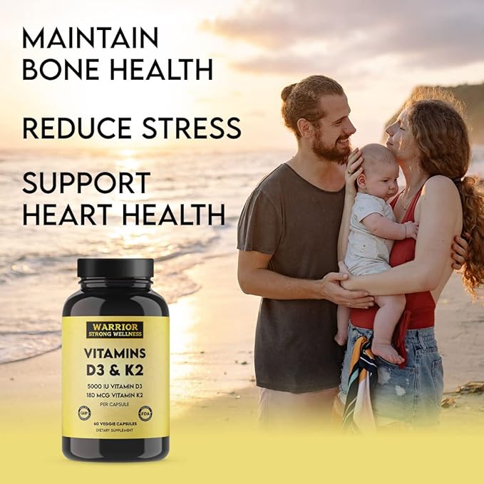 Vitamin D3 and K2 Supplement - 5000IU Vitamin D3 and 180MCG Vitamin K2 Supplement - Immune Heart Health - 2 Month-Supply 60 Veggie Capsules