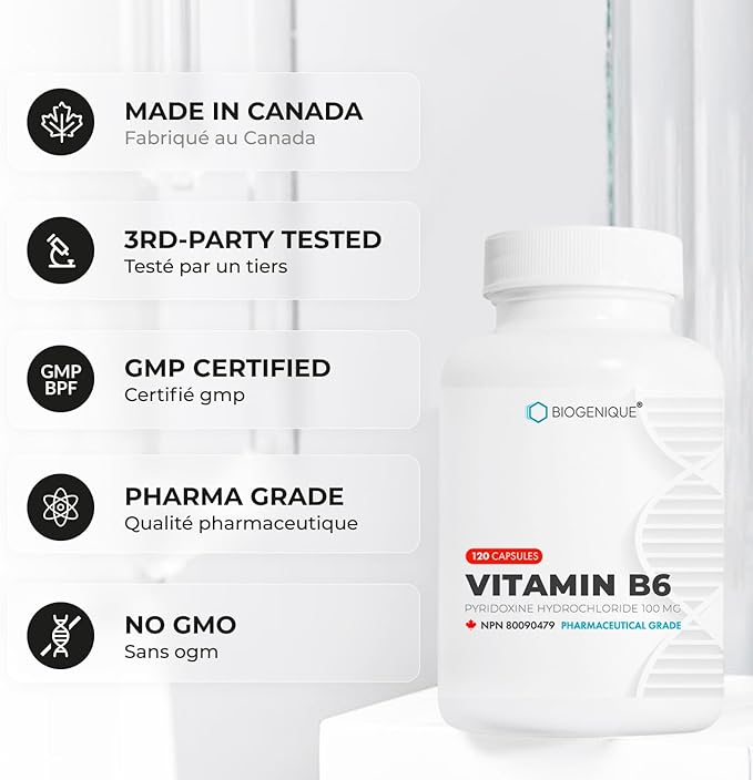 Vitamin B6 100 mg - Capsules B6 Pyridoxin - Supports Energy Production &amp Metabolism - 2 Months Supply Vitamin B6 Supplement Made in Canada Non-GMO Vegan (120 Count)