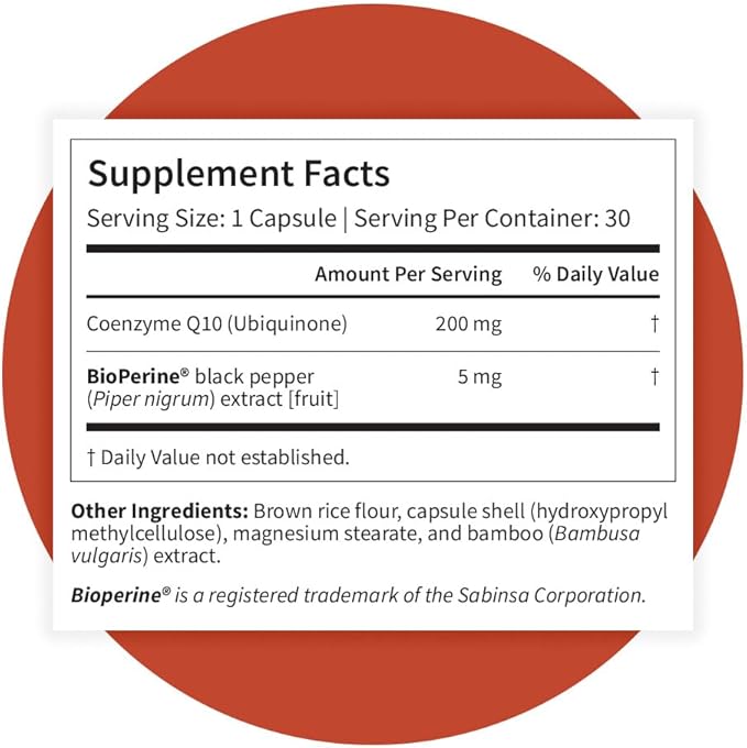 Pattern Wellness CoQ10 – 200mg Ubiquinone with BioPerine® Black Pepper Extract – Cellular Energy &amp Vitality Support – Non-GMO – 30 Vegan Capsules*