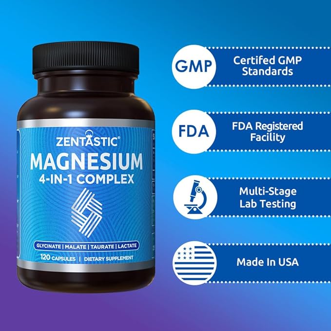 Zentastic Magnesium Complex - 600 Magnesium Capsules - Chelated Magnesium Glycinate Malate Taurate &amp Lactate - Support Bones Muscles