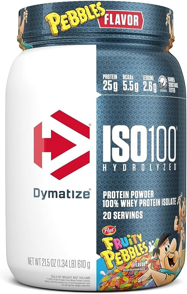 Dymatize ISO100 Hydrolyzed Fruity Pebbles Protein Powder Bundle 25g Protein 5.5g BCAAs 5 Pound + 20 Servings