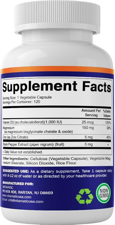 Vitamatic Magnesium (from Bisglycinate &amp Oxide) with Vitamin D3 &amp Zinc - 120 Veg Capsules - Supports Muscle Joint Nerve &amp Heart Health – Non-GMO Gluten-Free - 2 Pack