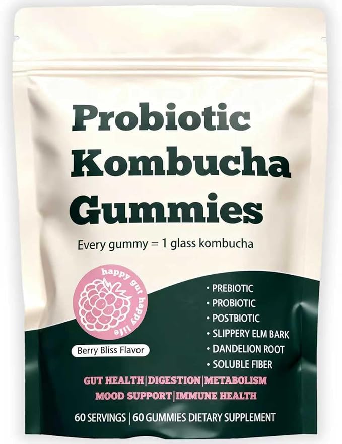 Probiotic Kombucha Gummy - Prebiotics + Probiotics + Postbiotics | Contains MCT Oil elm bark Dandelion Root and Fiber | Promotes Gut Health | 60 Capsules