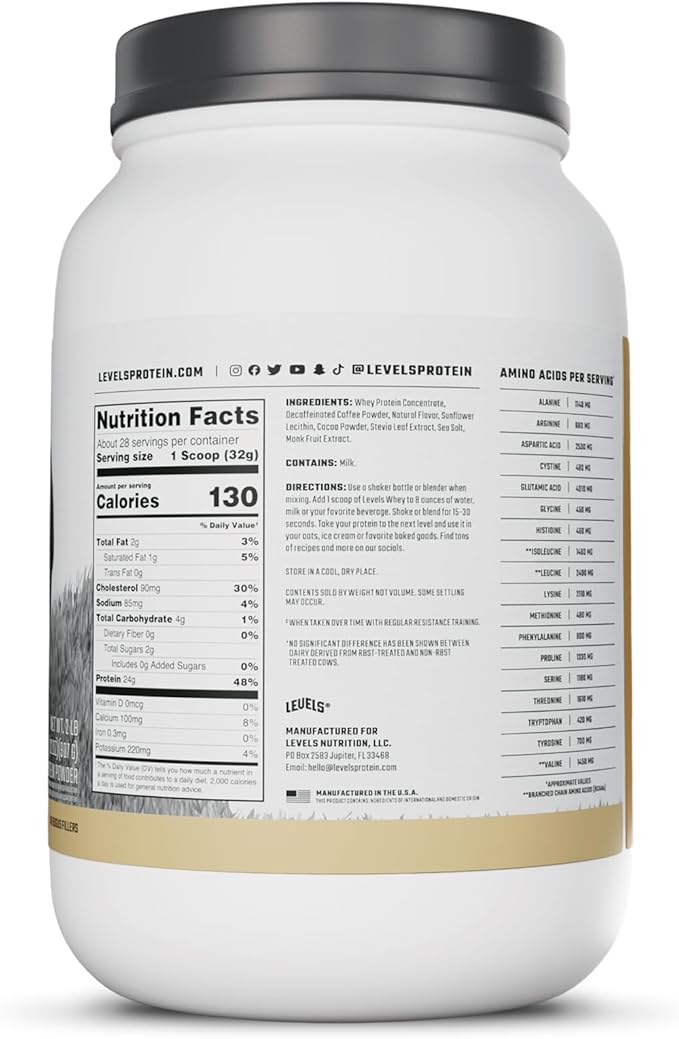 Levels Grass Fed Whey Protein Powder No Artificials 24G of Protein Cappuccino 2LB
