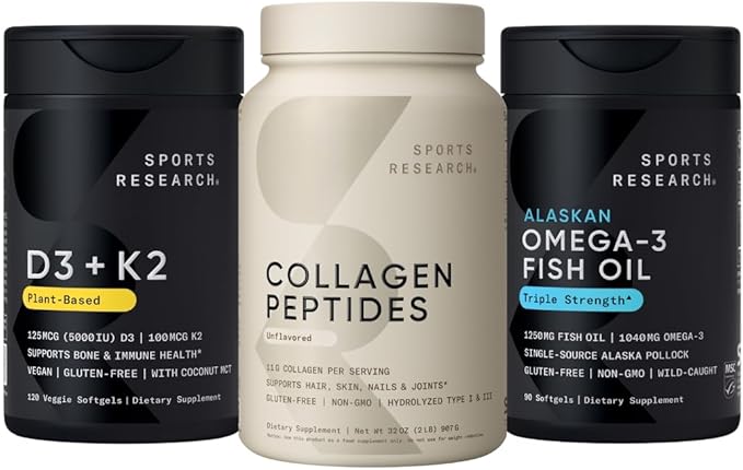 Sports Research® Multivitamins Pack - Collagen Peptides Type 1 &amp 3 Powder + Vitamin D3 + K2 5000IU + Omega-3 Fish Oil 1250
